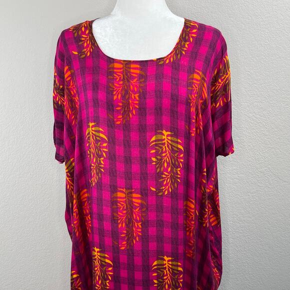 Pink Black Checkered Gold Leaf Semi-Sheer Summer Cover Up Kaftan Maxi Dress XS - Picture 3 of 14